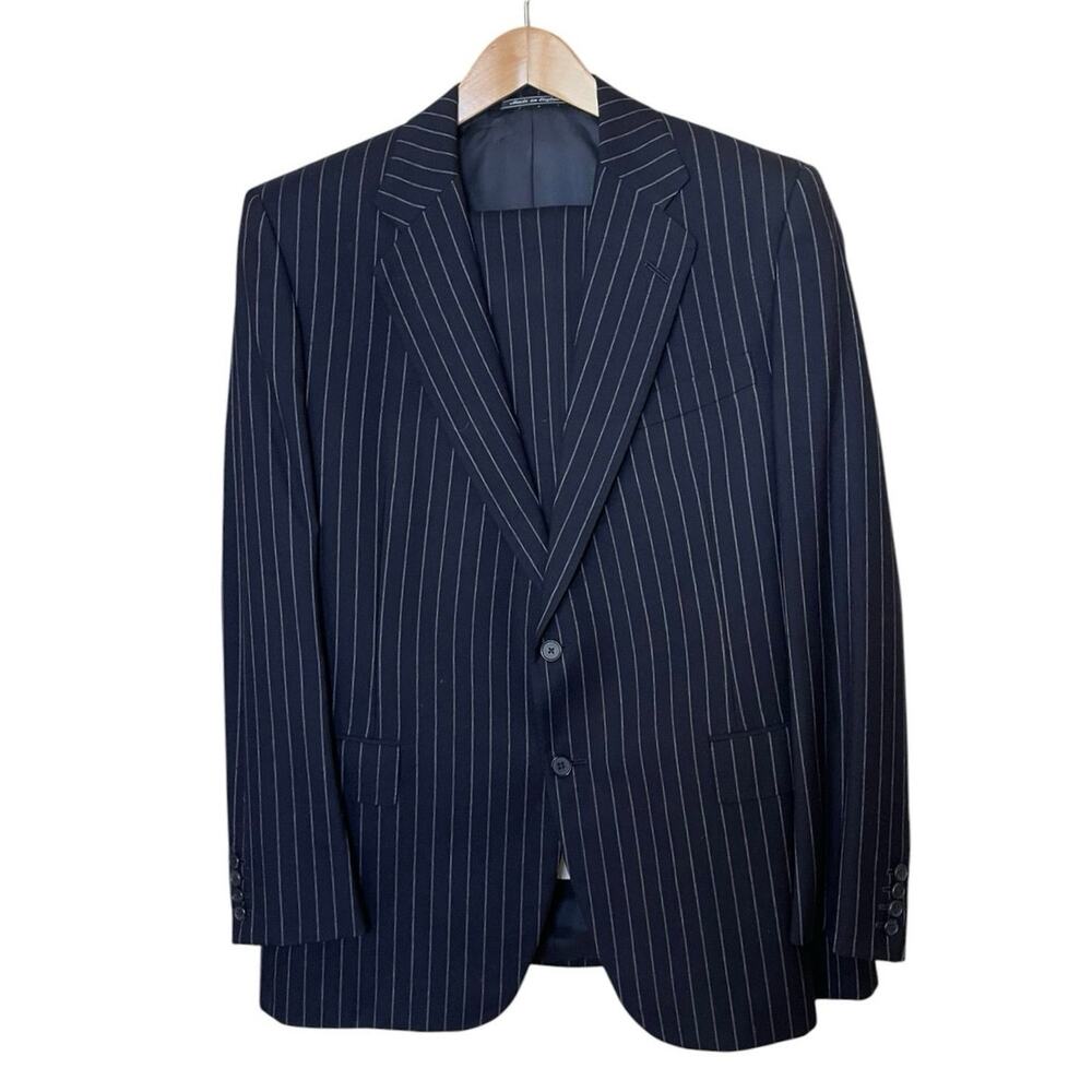 H Huntsman & Sons Mens Pure Wool 2 Piece Suit 42 L 34X31 Pants Navy Pin Stripe